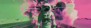 Surreales digitales Kunstwerk eines Astronauten im Weltraum. Der Astronaut steht im Vordergrund in einem weißen Raumanzug. Der Hintergrund ist in lebhaften Pink- und Grüntönen gehalten, mit abstrakten geometrischen Formen und Planeten. Die Szene vermittelt eine futuristische und psychedelische Atmosphäre.