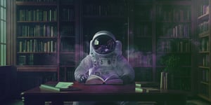 L‘astronaute est assis à un bureau devant des murs de livres et feuillette un vieux livre épais.